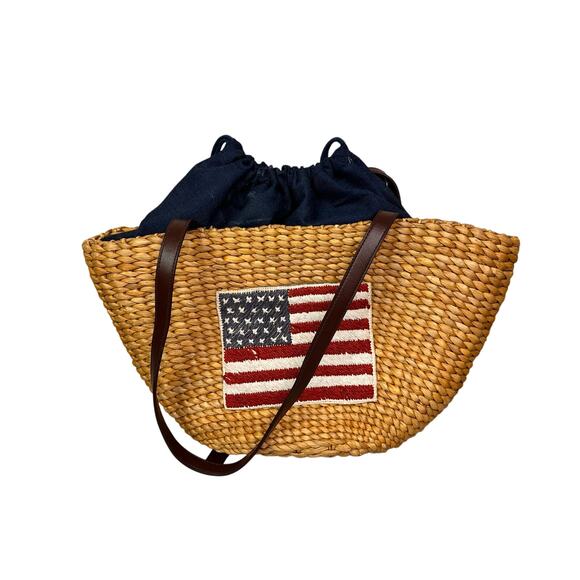 Vintage U.S. Flag Straw & Leather Summer Patriotic 4th of July Beach Tote Purse - Picture 1 of 8